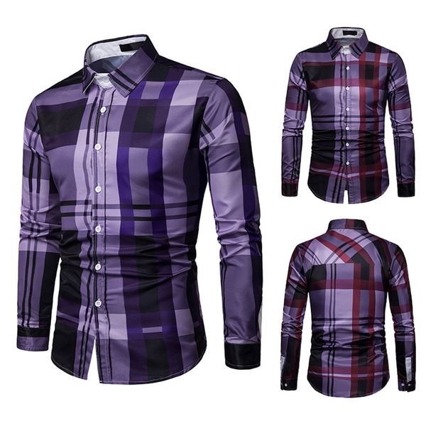 

plaid shirt of men long sleeve lattice plaid painting patchwork large size blouse slim fit mens clothing brand shirt 2019, White;black