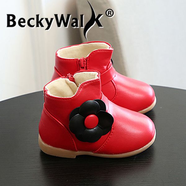 

plush toddler girls boots soft bottom winter shoes children leather shoes for princess cute flowers baby kids snow boots csh918, Black;grey
