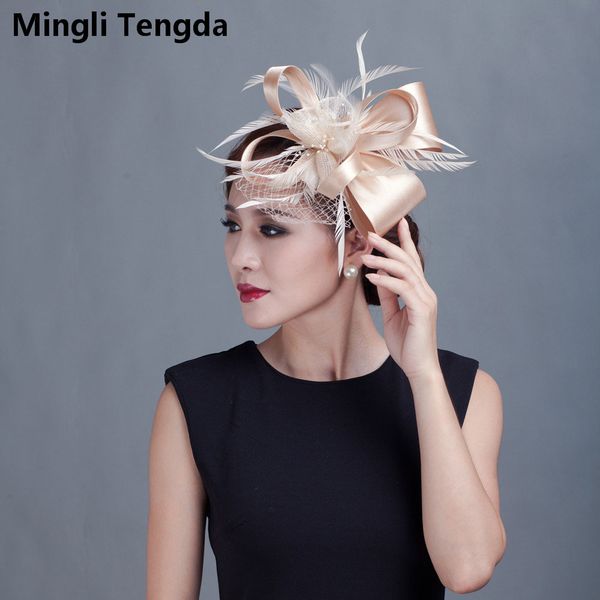 

elegant champagne/red/black lady hat bow shape feather decoration bride hats for church/wedding party hats/outdoor mingli tengda