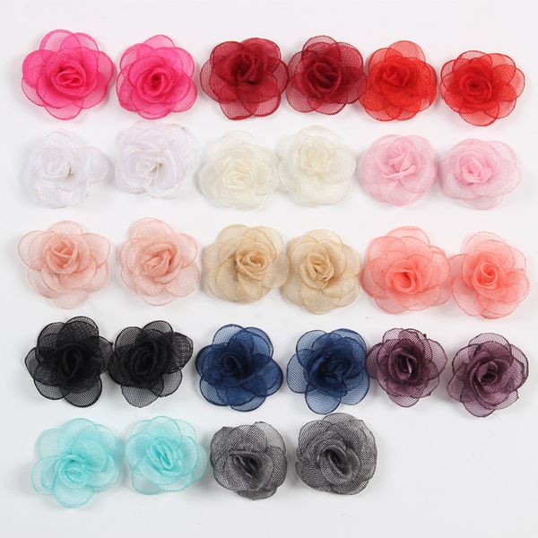 

10pcs 14colors 6cm newborn handmade gauze layered hair flower vintage rolled rose fabric flowers for kids hair accessorie, Slivery;white