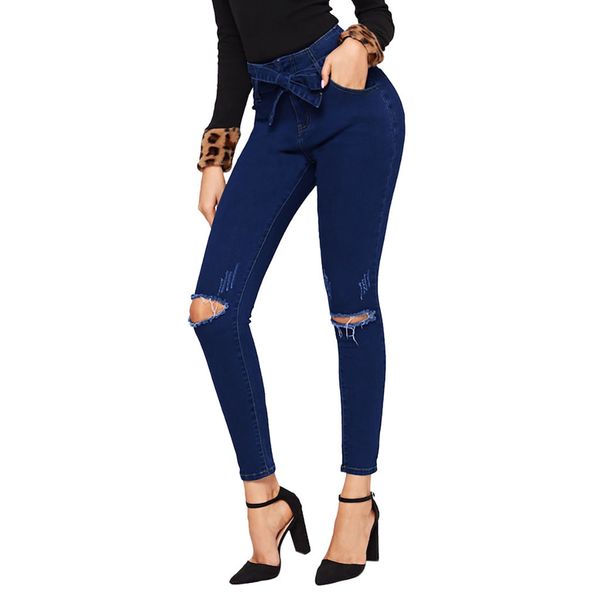 

large size women's skinny hole ripped jeans new fashion women pocket zipper pants bow denim biker jeans female pencil pants #b, Blue