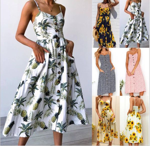 

dresses woman dresses sunflower pineapple national flag pattern sling button low back princess printed stripe, Black;gray