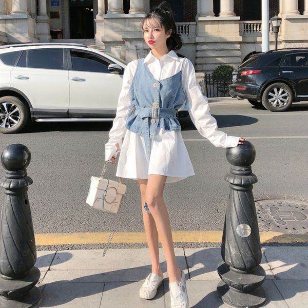 

2020 осень нового waisted шнуровки джинсовый жилет средней длиной платье рубашка дамского костюм для женщин, White;black