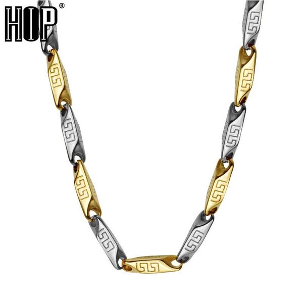 

hip high polished gold color titanium stainless steel great wall pattern stick aberdeen chain necklaces for men jewelry, Silver