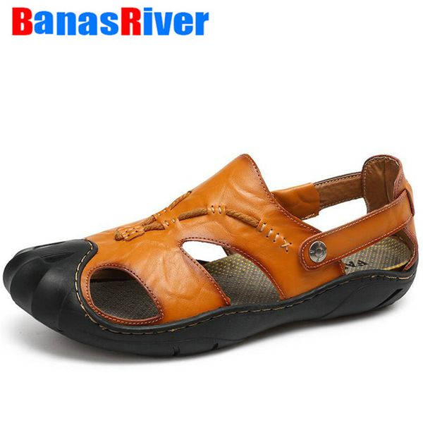 

men sandals leather beach brand casual split leather sneakers slippers summer hollow breathable sneakers outdoor fashion slip on, Black