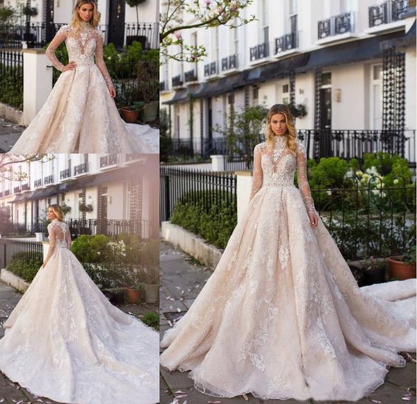 

2019 spring high neck lace wedding dresses with long sleeves court train gorgeous applique a line wedding dress custom made bridal gowns, White