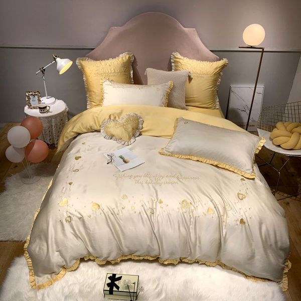 Grey Yellow Embroidery Comforter Duvet Cover Set Shabby Chic 4