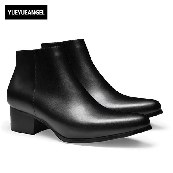 

new mens genuine leather boots work safety high heels fashion pointed toe zip ankle boots high men shoes plus size 36 44, Black