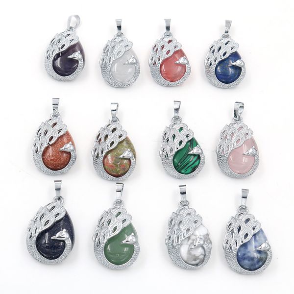 

wholesale 10 pcs silver plated peacock shape cherry quartz pendant blue sand stone animal charm jewelry