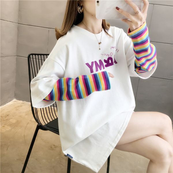 

2020 new style spring clothing fashion printed stripes long sleeve mock two-piece loose-fit large girl's 200 wearable t-shirt wo, White