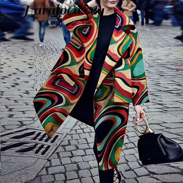

fashion print women long winter wool blend coat plus size long sleeve coat and jacket elegant vintage outerwear, Black