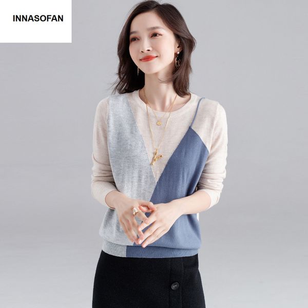 

innasofan sweater women autumn winter knitted long-sleeved sweater euro-american fashion chic loose-fitting, White;black