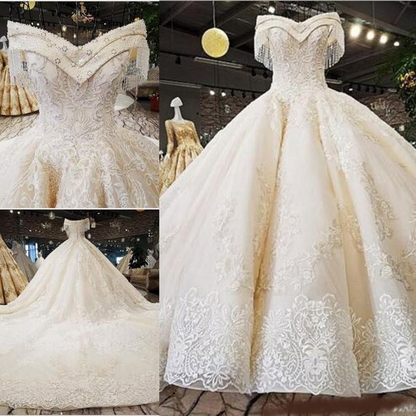 

amazing v-neck off the shoulder ball gown wedding dresses beaded appliques satin wedding bridal gowns plus size middle east vestido de novia, White