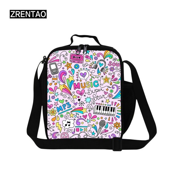

zrentao children cooler bags with bottle pocket double zipper thermal insulated bags polyester musical print picnic box bag