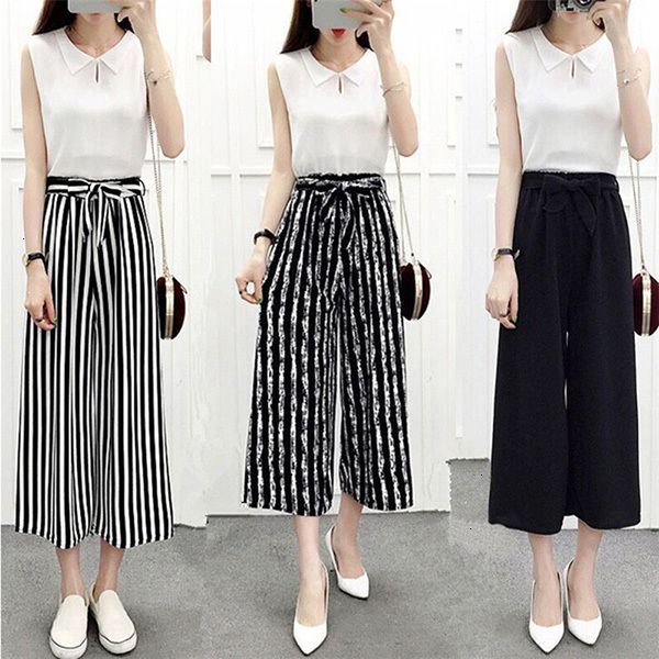 

womens pants womens newly wide leg high waist casual summer thin pants loose culottes trousers drop shipping good quality, Black;white