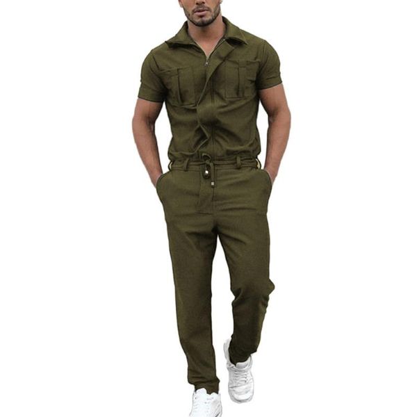 

men's tracksuits fashion rompers cargo overalls men stylish short sleeve pockets drawstring zip jumpsuit coverall pants loose playsuit, Gray