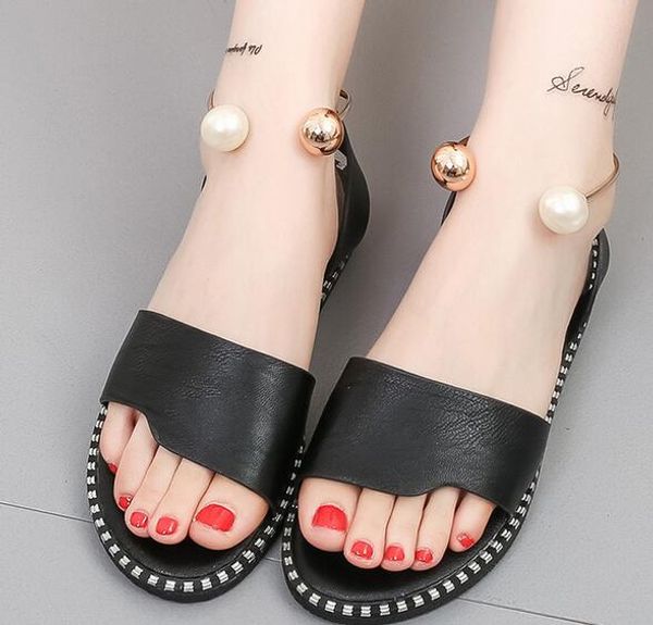 

2019 новинка женская жемчужная кнопка случайные сандалии на плоской подошве