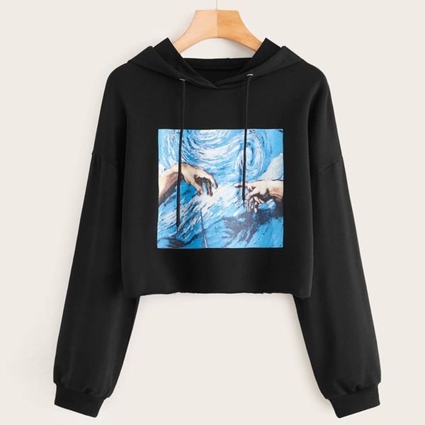 

autumn women cropped hoodies pullover casual drawstring print o neck kawaii oversized hoodie sweatshirt women clothing, Black