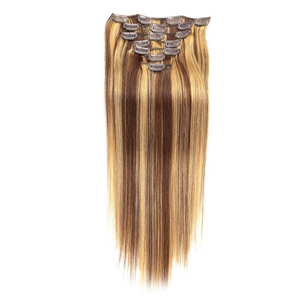 Clip Human Hair Straight Skin Weft Mix Color Hair Extensions Clip