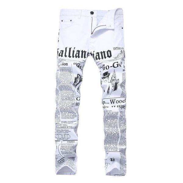 

new men straight jeans slim fit skinny white color jeans pants letter printed fashion male denim trousers, Blue