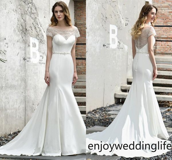 

new arrival ivory mermaid wedding dresses beaded sheer cap sleeve satin sweep train bridal gowns covered button back and belt cps1456, White