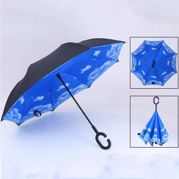 

creative reverse folding inverted umbrellas double layer with c handle inside out reverse windproof umbrella sunny rainy umbrella vt0387