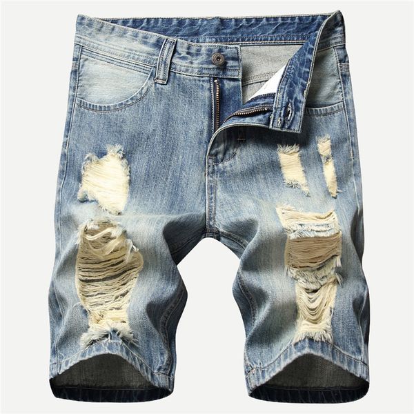 

kimsere men's destroyed short jeans with holes fashion hi street ripped denim shorts for male summer distressed shorts washed, Blue