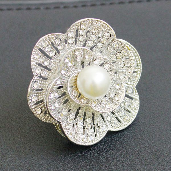 

flower shaped women girls brooch pearl crystal decor breastpin alloy clothes pin jewelry birthday gift, Gray