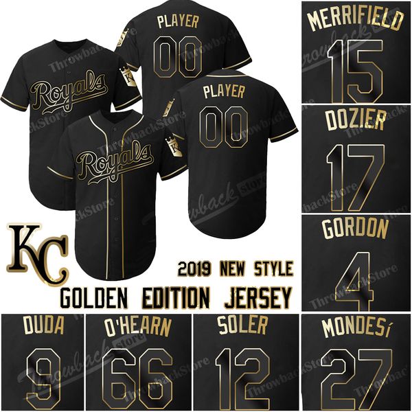 

kansas city 2019 royals golden edition jersey hunter dozier 4 alex gordon whit merrifield jorge soler lucas duda o'hearn baseball jerse, Blue;black