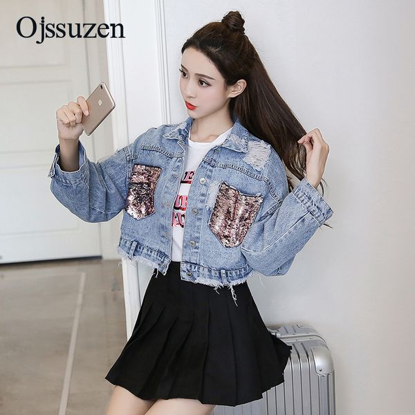 

cool cropped jeans jackets for female spring coats short women sequins jacket denim ripped outerwear streetwear jeans coat, Black;brown