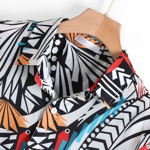 

men shirt vintage ethnic printed turn down collar short sleeve loose hit color hawaiian casual shirt streetwear chemise homme, White;black