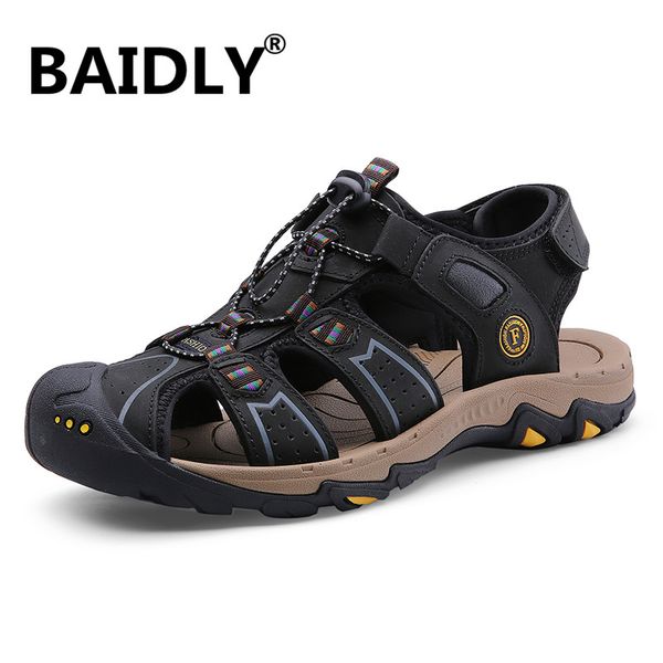 

big size genuine leather men sandals new summer men shoes beach sandals for man fashion brand outdoor casual sneakers, Black