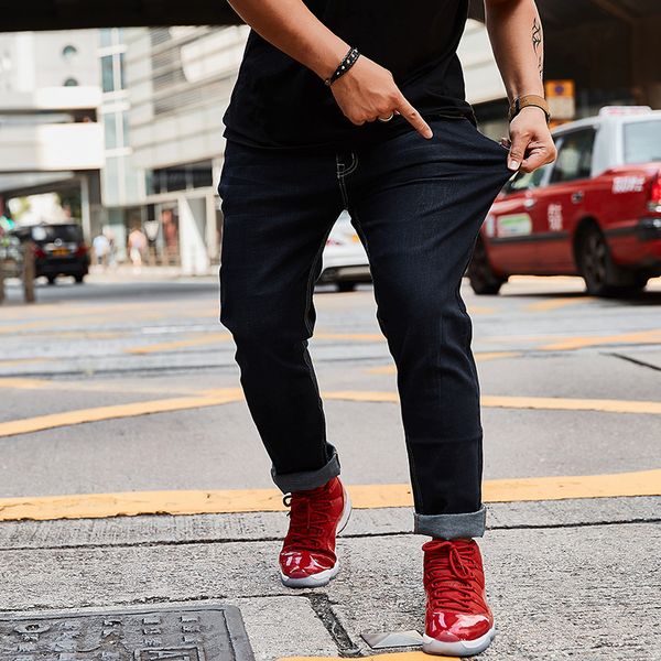 

wholesale large business jeans men's embroidery simple elastic straight tube jeans pants men's four classic pants, Blue