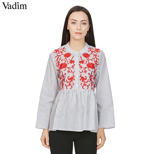 

vadim женщины сладкие цветочная вышивки полосатые рубашки три четверть рукава в складке блузки дамы летом случайного tops blusas lt1922, White