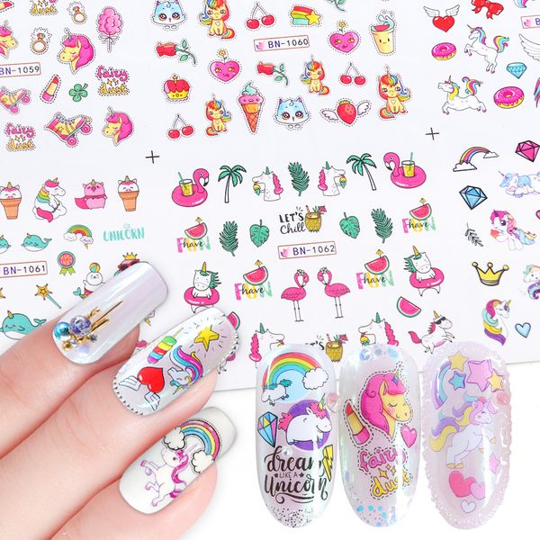 

12pcs/set cute sticker for girl nails art slider set unicorn flamingo owl flower animal designs water manicure tips foil nail decals, Black