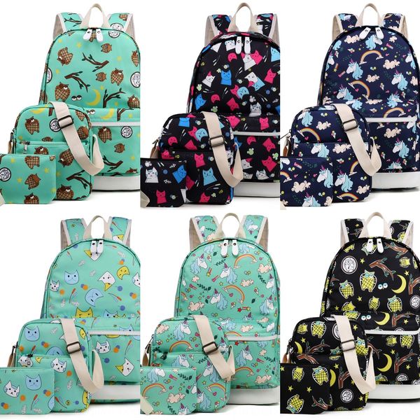 

t7tvy cartoon cute unicorn printed nylon waterproof children's schoolbag pupil three-piece fashion cartoon cute unicorn printed nylon w