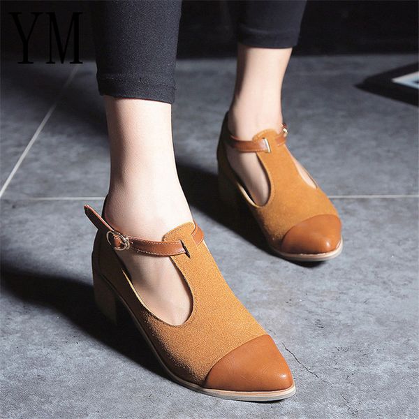 

2 colour selling 2018 vintage oxford shoes women pointed toe cut out med heel patchwork buckle ladies shoes flats 35-39, Black