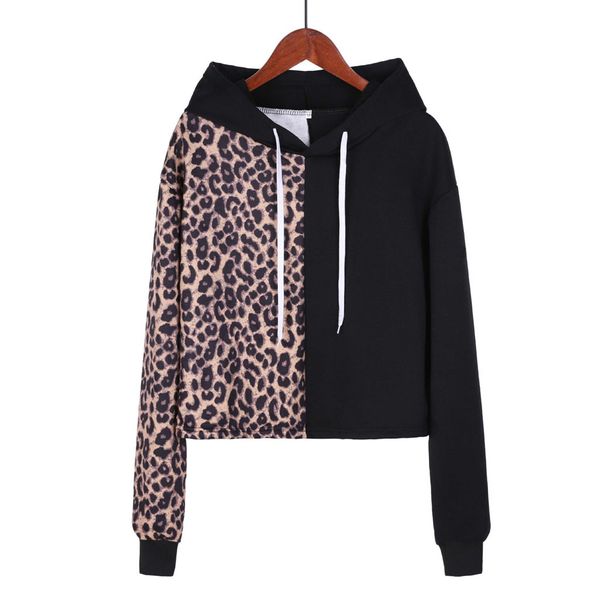 

leopard patchwork sweatshirt women hoodies plus size loose ladies drawstring pullover jogger running sports sweatshirts, Black