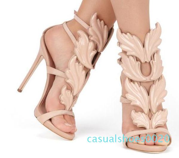 

2018 designer women metal leaf wing high heel sandals gold nude black party events shoes gladiator metallic winged sandals c20