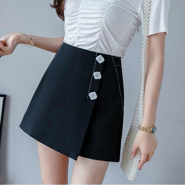 

2020 new fashion single breasted high waist shorts skirts womens summer casual culottes ladies elegant chiffon shorts, White;black