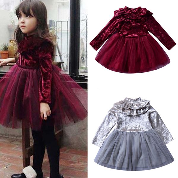 

flower girls party dress autumn long sleeves ruffles solid dresses formal bridesmaid wedding girl vestido children dress, Red;yellow