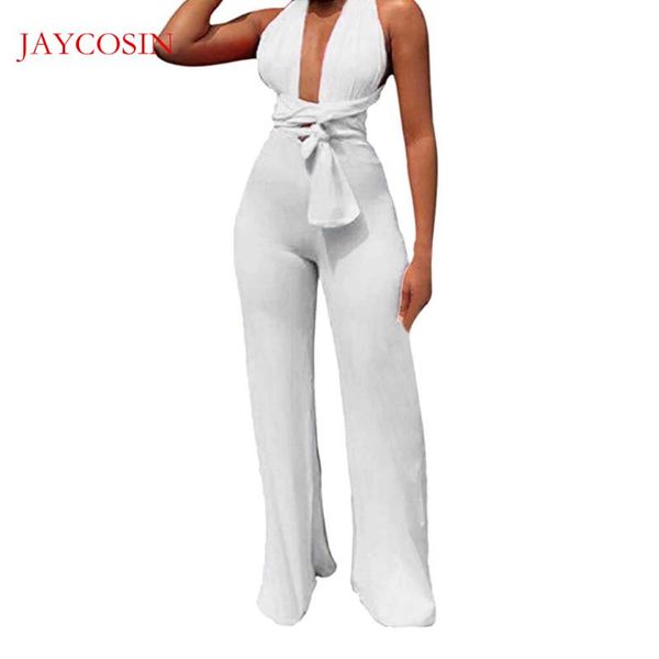 

women's jumpsuits & rompers jaycosin clothes women solid color jumpsuit v-neck off shoulder waistband lace-up summer e20, Black;white