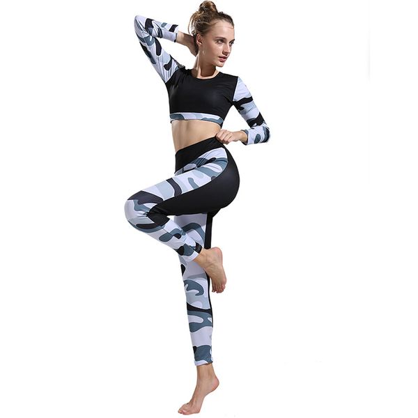 

women yoga fitness set camouflage patchwork long sleeve pants 2 piece suits exercise workout clothing sports active wear, White;red
