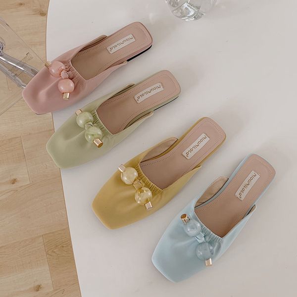 

suojialun 2020 flat heel women slippers designer slides square toe pearl slippers slip on casual outdoor sandal shoes, Black