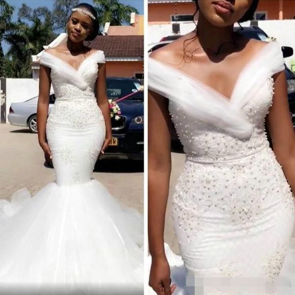 

luxury beaded mermaid wedding dresses elegant off the shoulder pearls crystal tulle ruched satin appliqued wedding gown vestido de novia, White