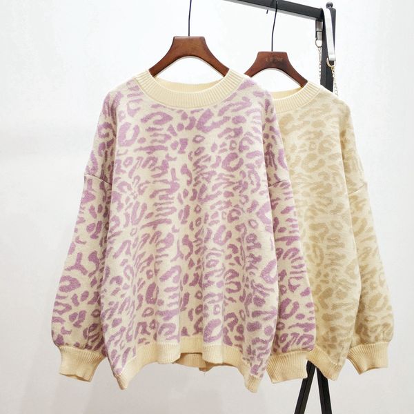 

2020 women leopard sweater autumn and winter lazy wind gentle new korean version lantern sleeve pullover, White;black