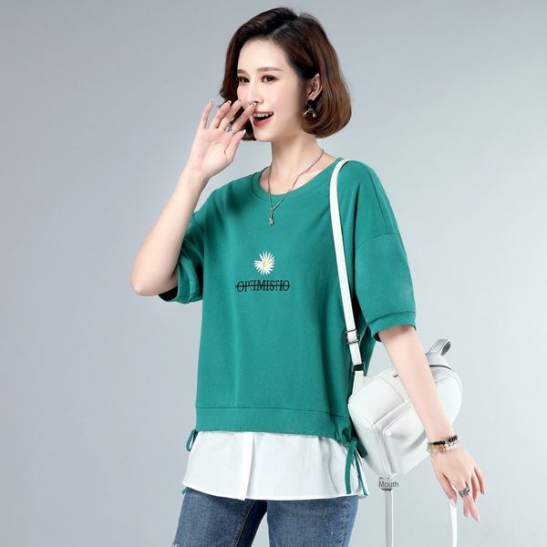 

medium sleeve t-shirt embroidered pullover women's ins fashionable women's 2020 casual all-match loose daisy embroidery pullover t, White