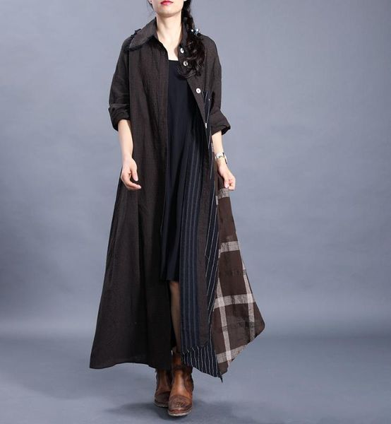 

women 2020 spring autumn striped plaid linen trench coat outerwear ladies vintage irregular thin coat long overcoat female, Tan;black