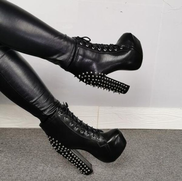 Couro Punk Preto Estilo Spikes Lace Up Plataforma Botas Rodada Toe Chunky Heels Party Club Salto Alto Curto Botas Calçados