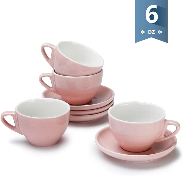 

cappuccino cup and saucer set, 6 ounce perfect for specialty coffee drinks, latte, cafe mocha and tea, pink